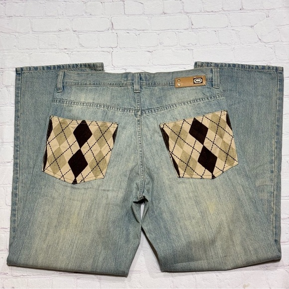 Ecko Unlimited Stylish Baggy Jeans Dirty Wash Denim Argyle Pocket 34 x 32 EuC - Picture 4 of 12